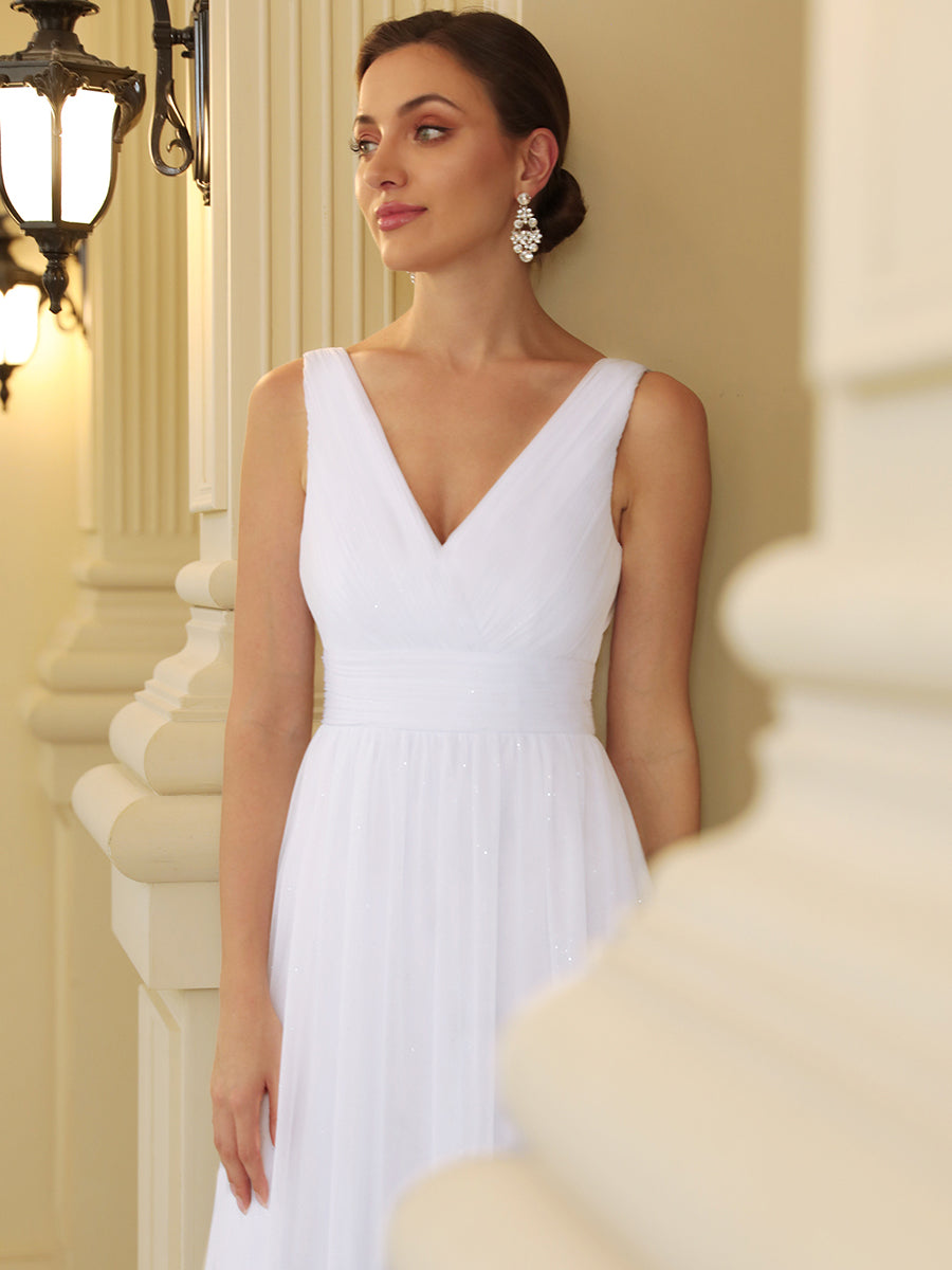 Sparkling Floor Length Evening Gown with Double V-Neck for Special Occasions