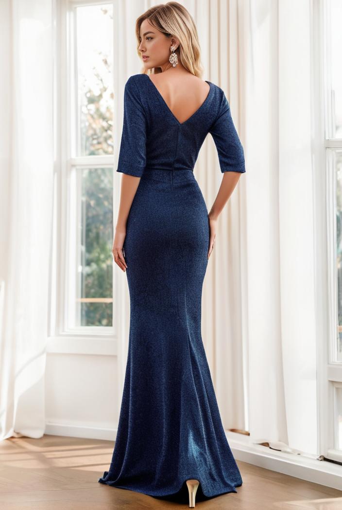 3 4 sleeve bodycon plunging back sequin evening dress 138703