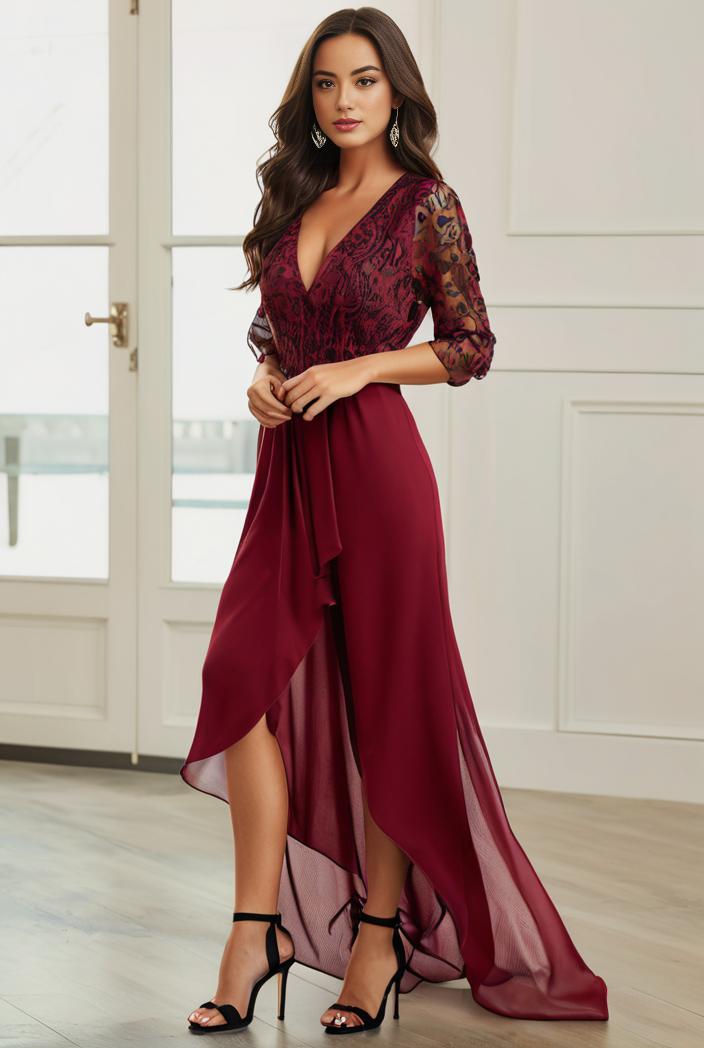 3 4 sleeve sheer sequin stripe high low hem evening dress 138730