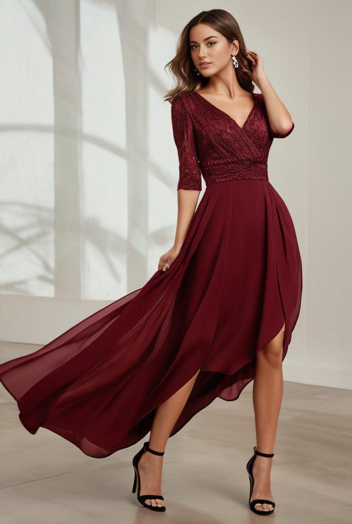 3 4 sleeve sheer sequin stripe high low hem evening dress 138741