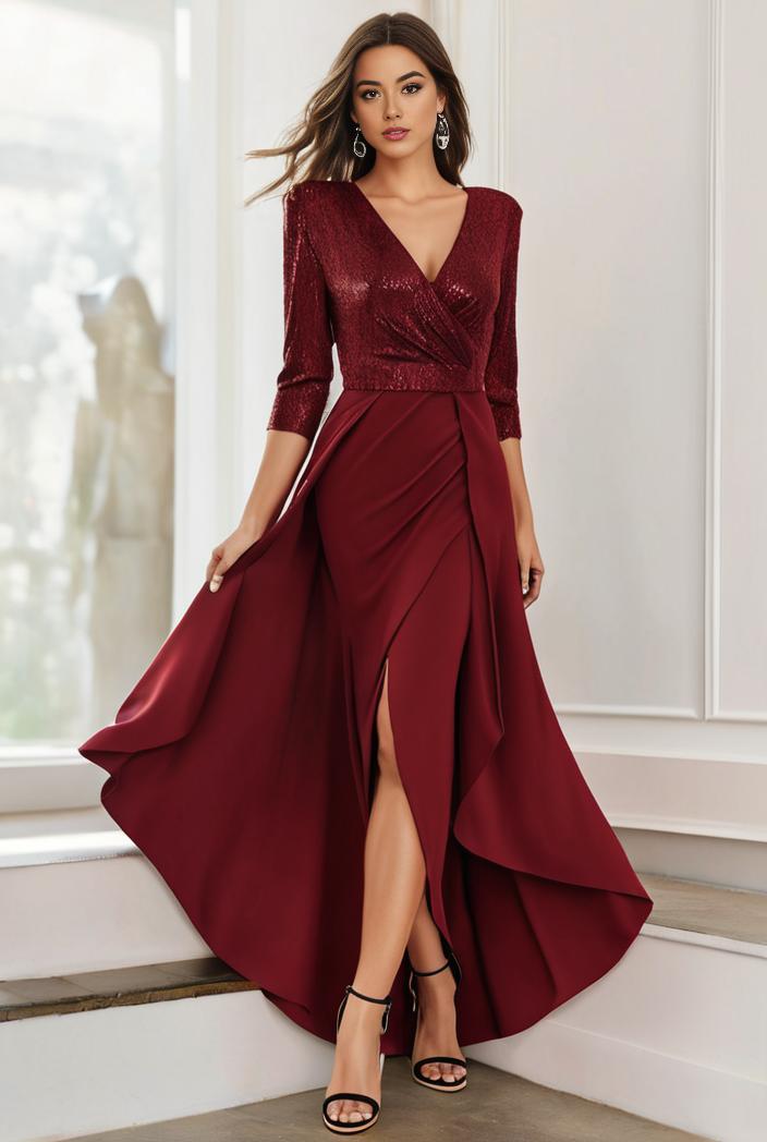 3 4 sleeve sheer sequin stripe high low hem evening dress 138745