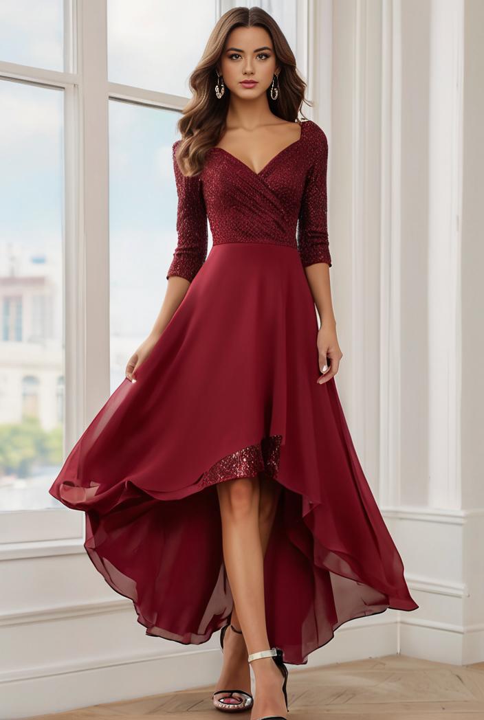 3 4 sleeve sheer sequin stripe high low hem evening dress 138750