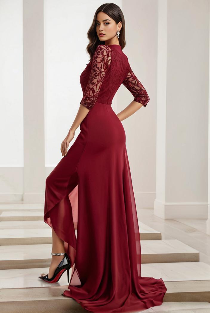 3 4 sleeve sheer sequin stripe high low hem evening dress 138767