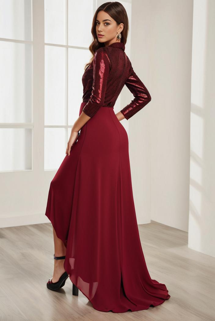 3 4 sleeve sheer sequin stripe high low hem evening dress 138774
