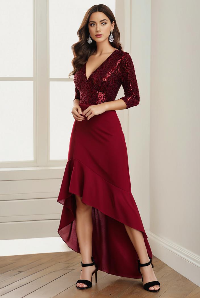3 4 sleeve sheer sequin stripe high low hem evening dress 138776