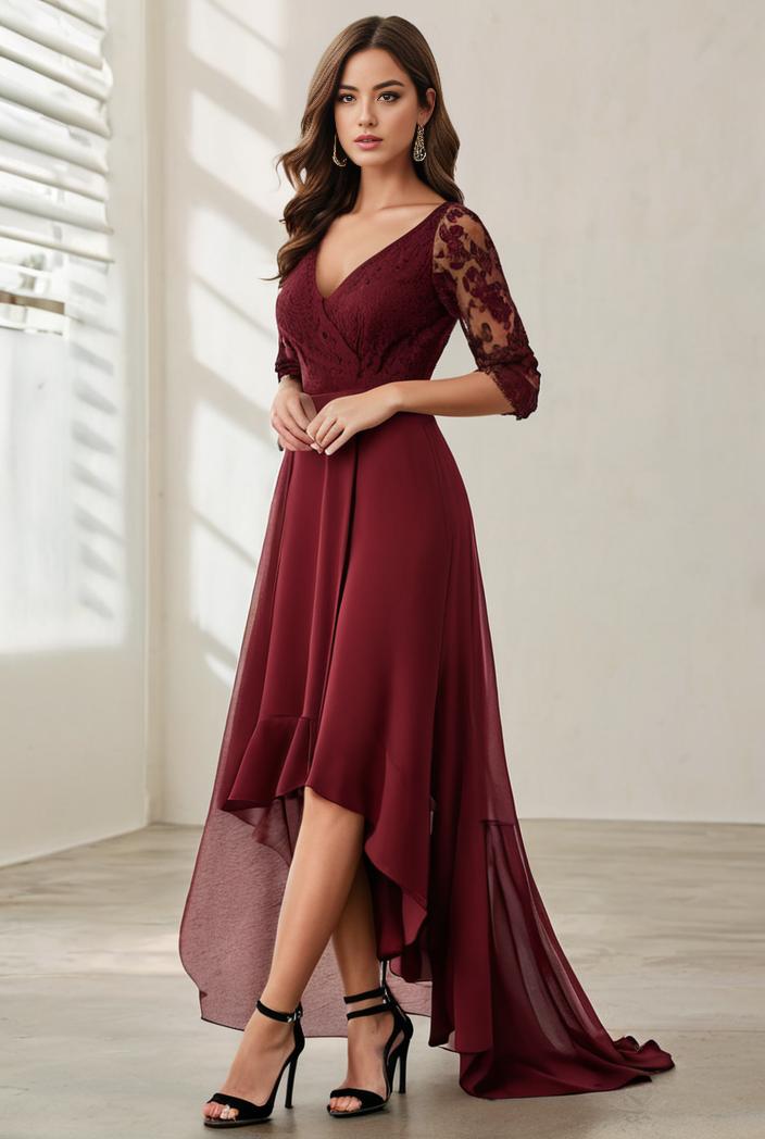3 4 sleeve sheer sequin stripe high low hem evening dress 138780
