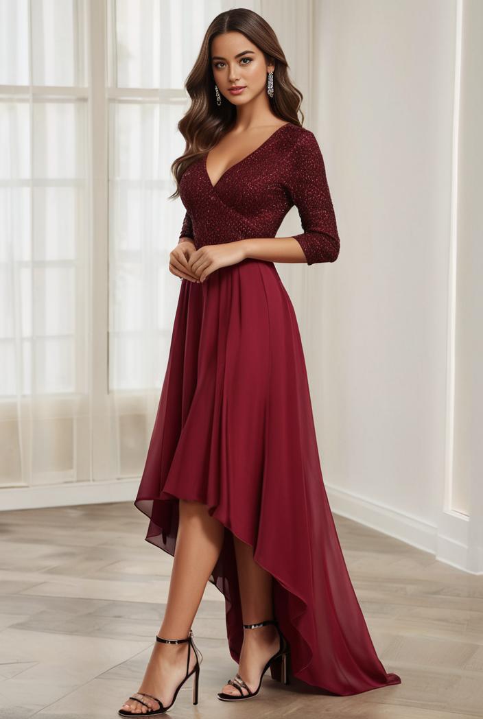 3 4 sleeve sheer sequin stripe high low hem evening dress 138782