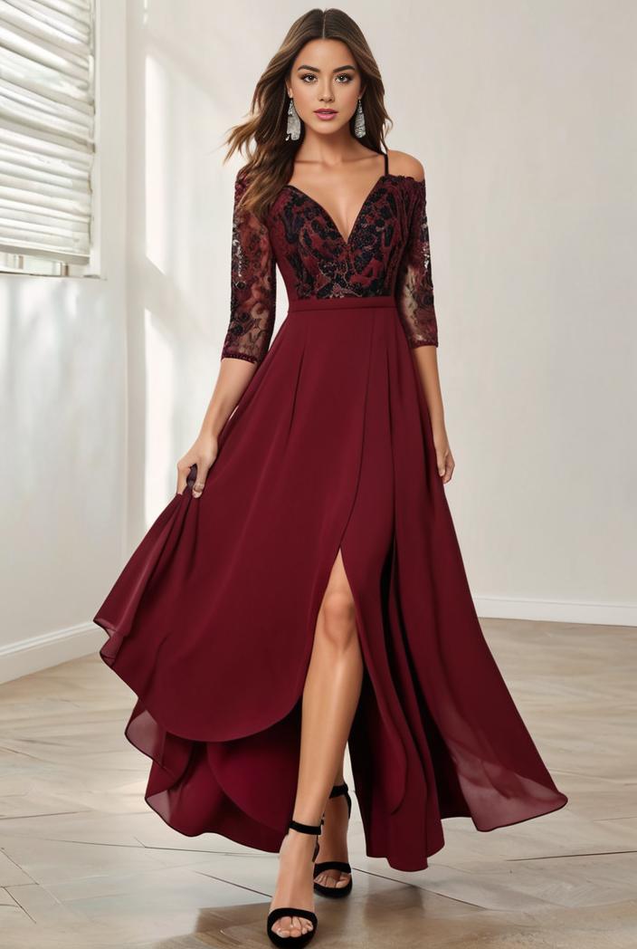 3 4 sleeve sheer sequin stripe high low hem evening dress 138788