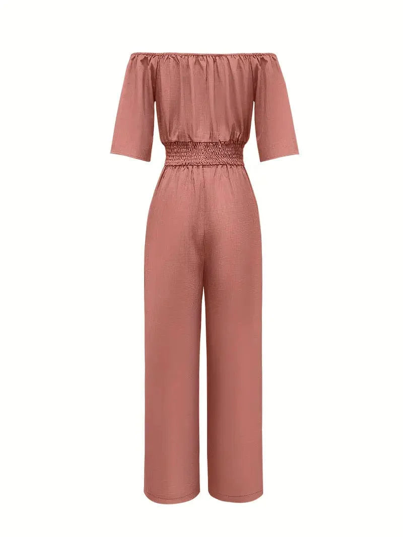 Off Shoulder Wide Leg Jumpsuit for Women: Stylish Casual Short Sleeve Outfit for Spring & Summer