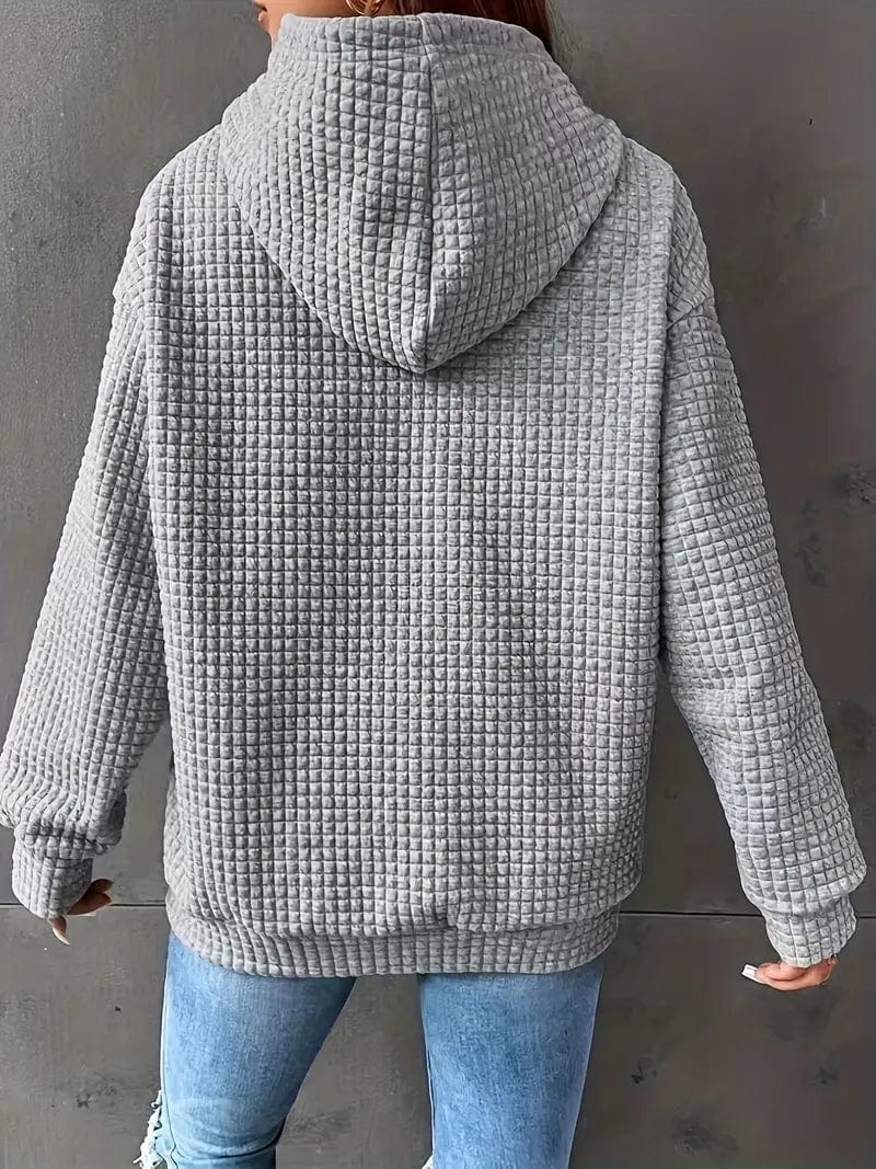 Waffle Grid Kangaroo Pocket Hoodie, Long Sleeve Drawstring Hoodies for Women