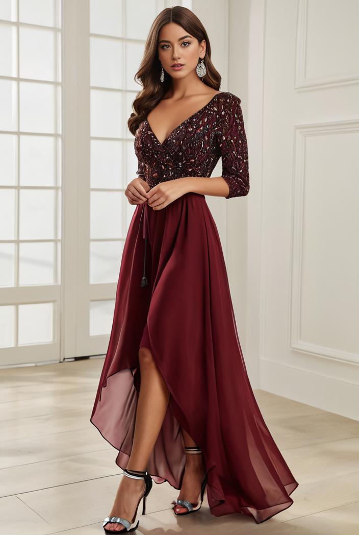 3 4 sleeve sheer sequin stripe high low hem evening dress 139319