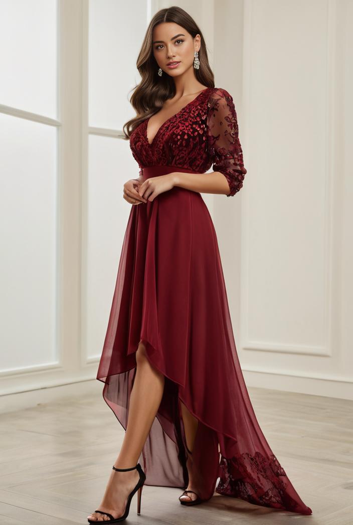 3 4 sleeve sheer sequin stripe high low hem evening dress 139322