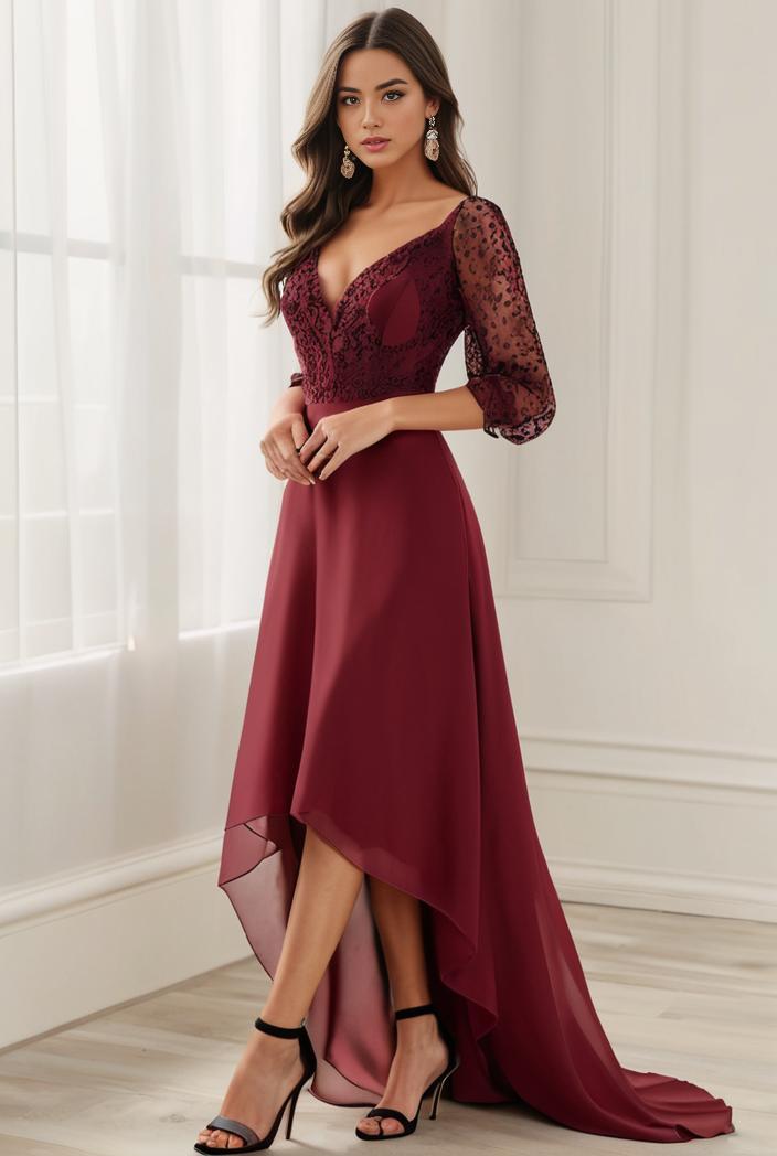 3 4 sleeve sheer sequin stripe high low hem evening dress 139324