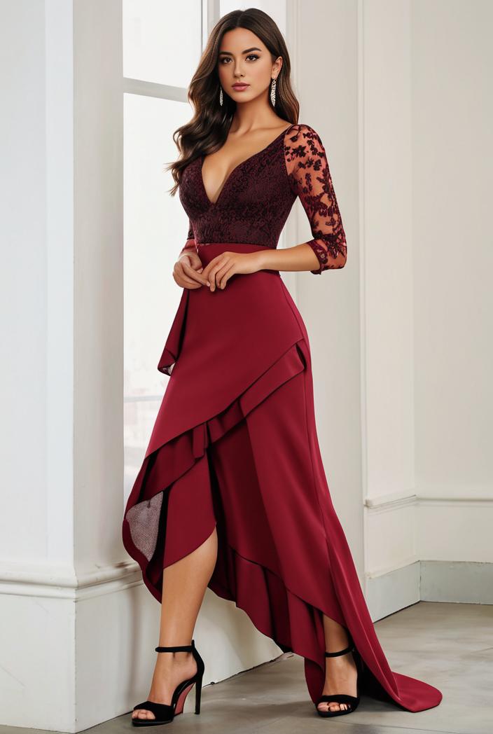 3 4 sleeve sheer sequin stripe high low hem evening dress 139325