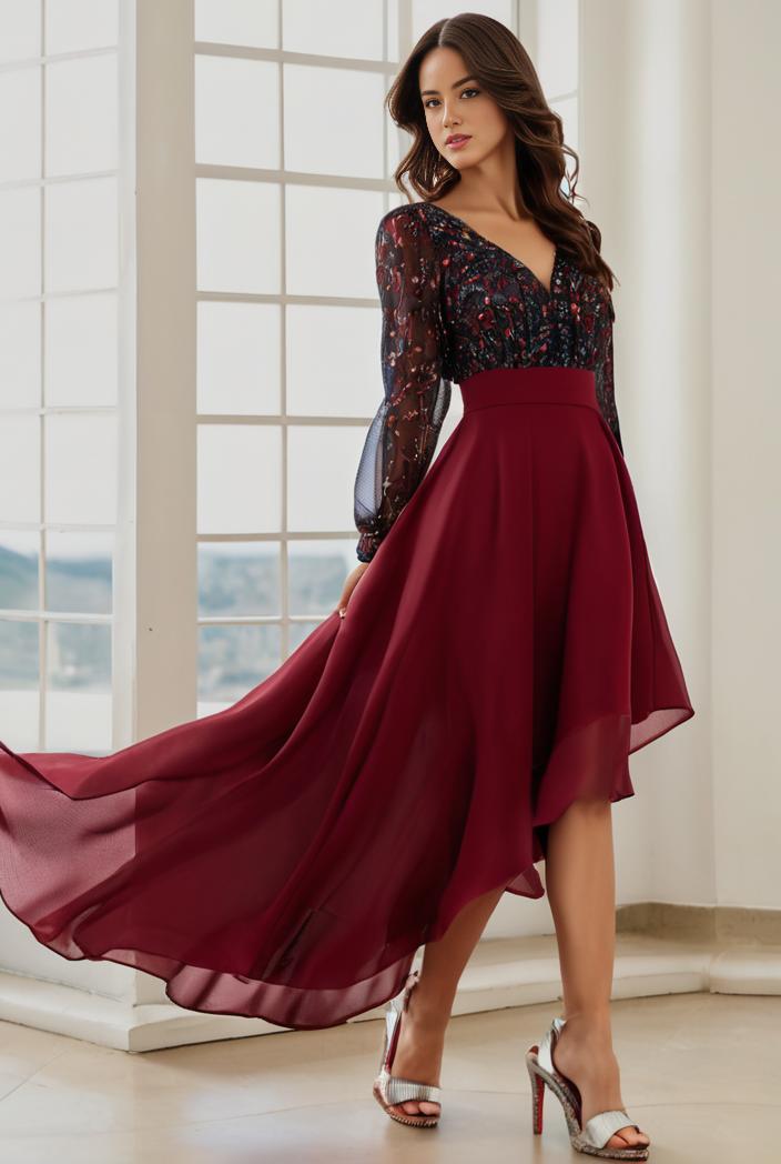 3 4 sleeve sheer sequin stripe high low hem evening dress 139327