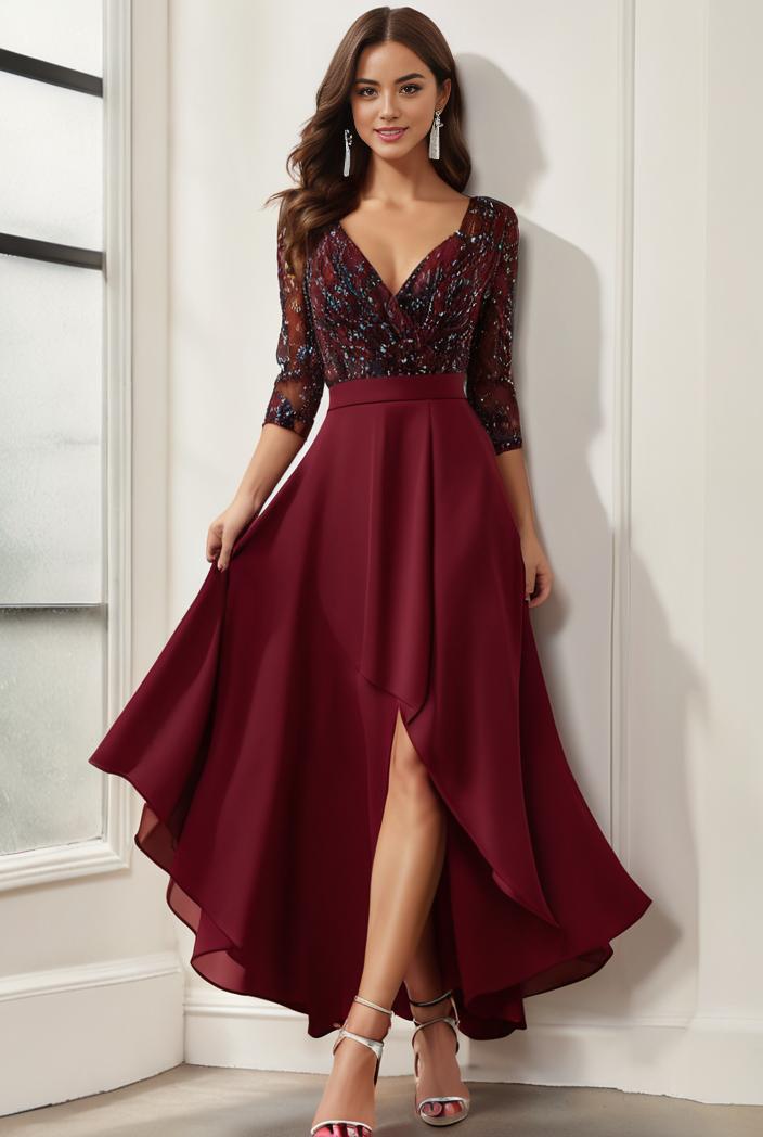 3 4 sleeve sheer sequin stripe high low hem evening dress 139335