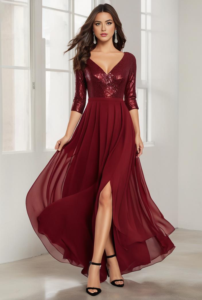 3 4 sleeve sheer sequin stripe high low hem evening dress 139337
