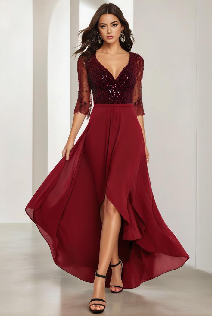 3 4 sleeve sheer sequin stripe high low hem evening dress 139338