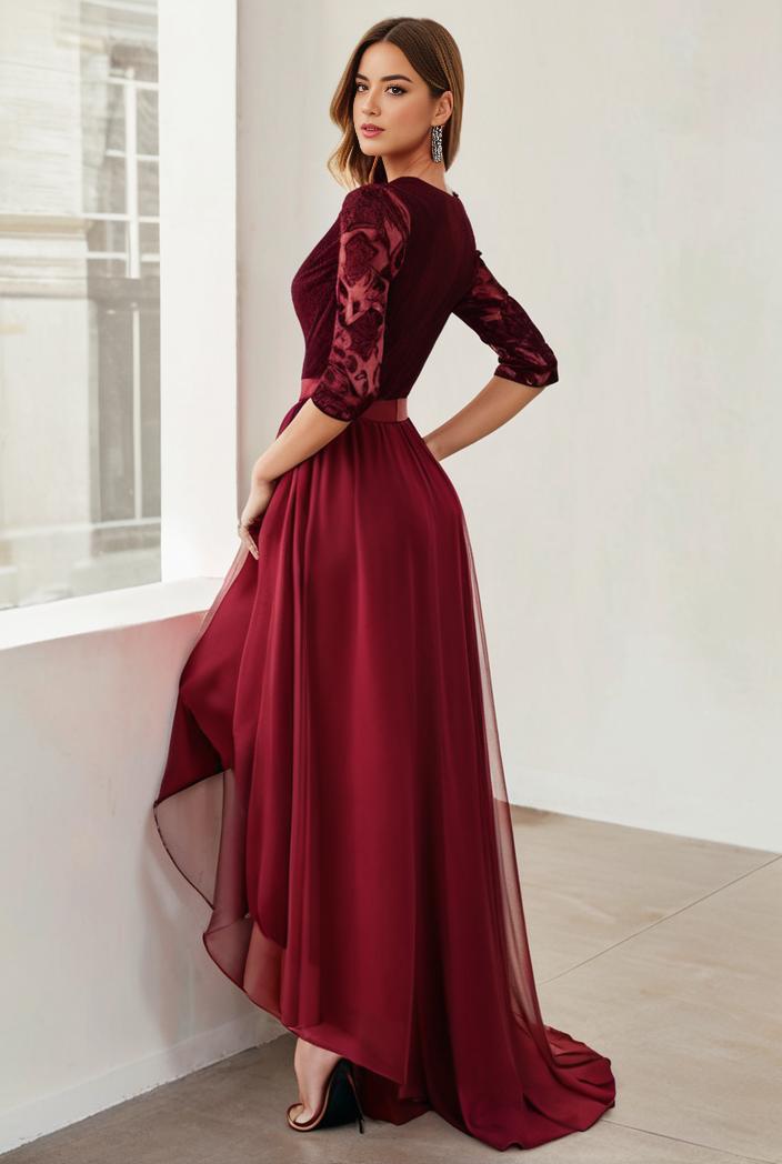 3 4 sleeve sheer sequin stripe high low hem evening dress 139343