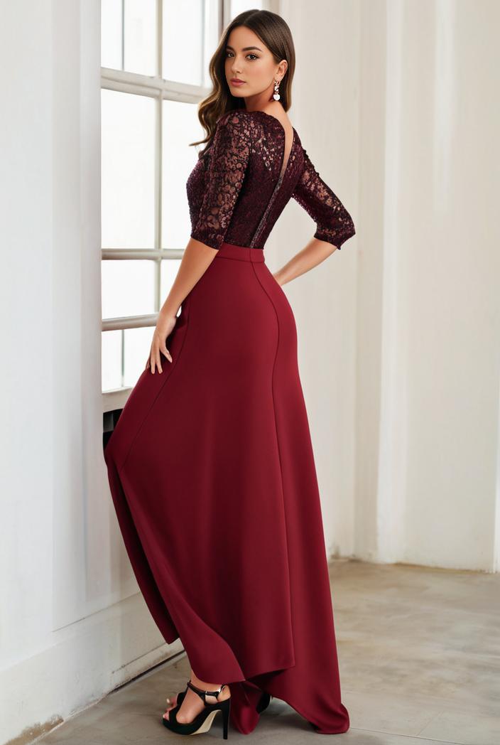 3 4 sleeve sheer sequin stripe high low hem evening dress 139348