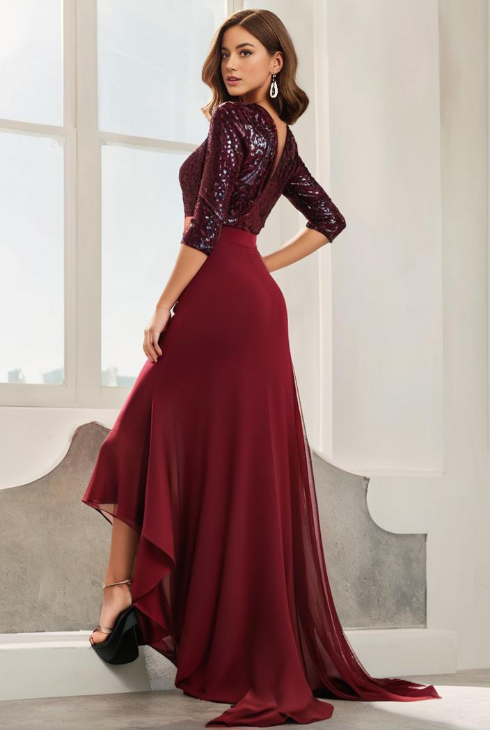3 4 sleeve sheer sequin stripe high low hem evening dress 139365