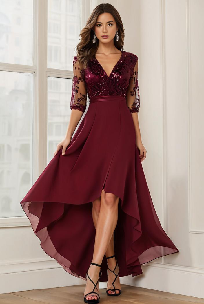 3 4 sleeve sheer sequin stripe high low hem evening dress 139377