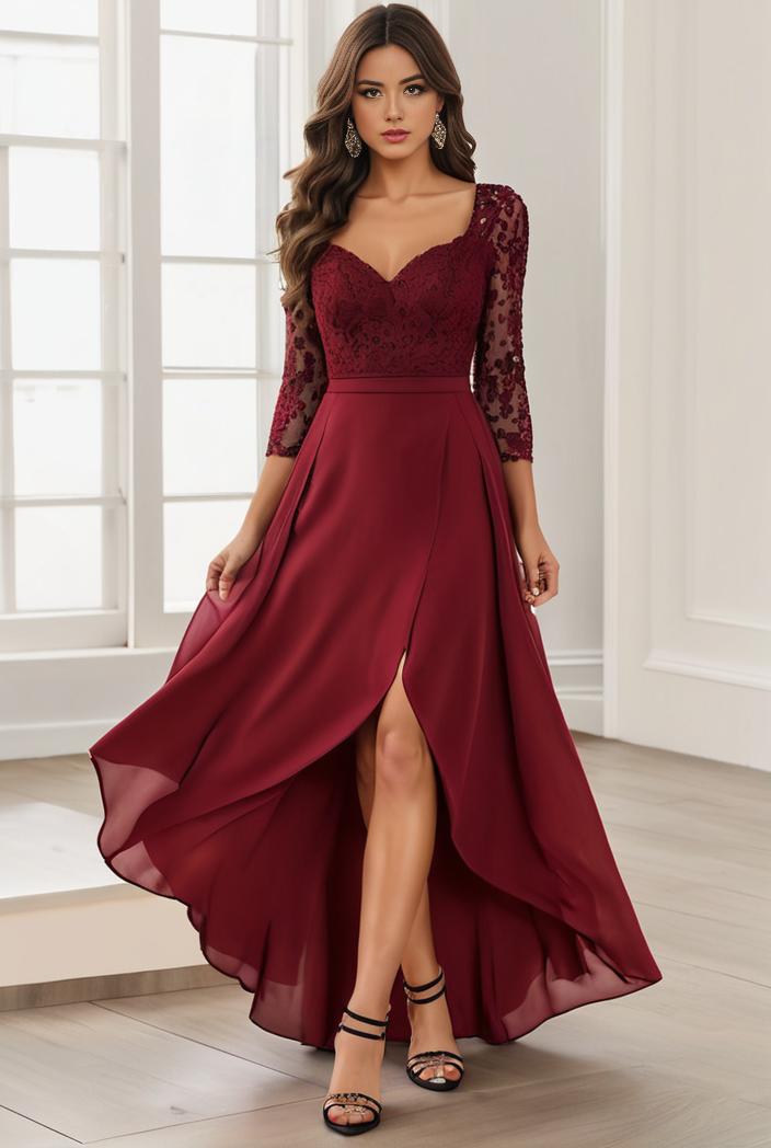 3 4 sleeve sheer sequin stripe high low hem evening dress 139379