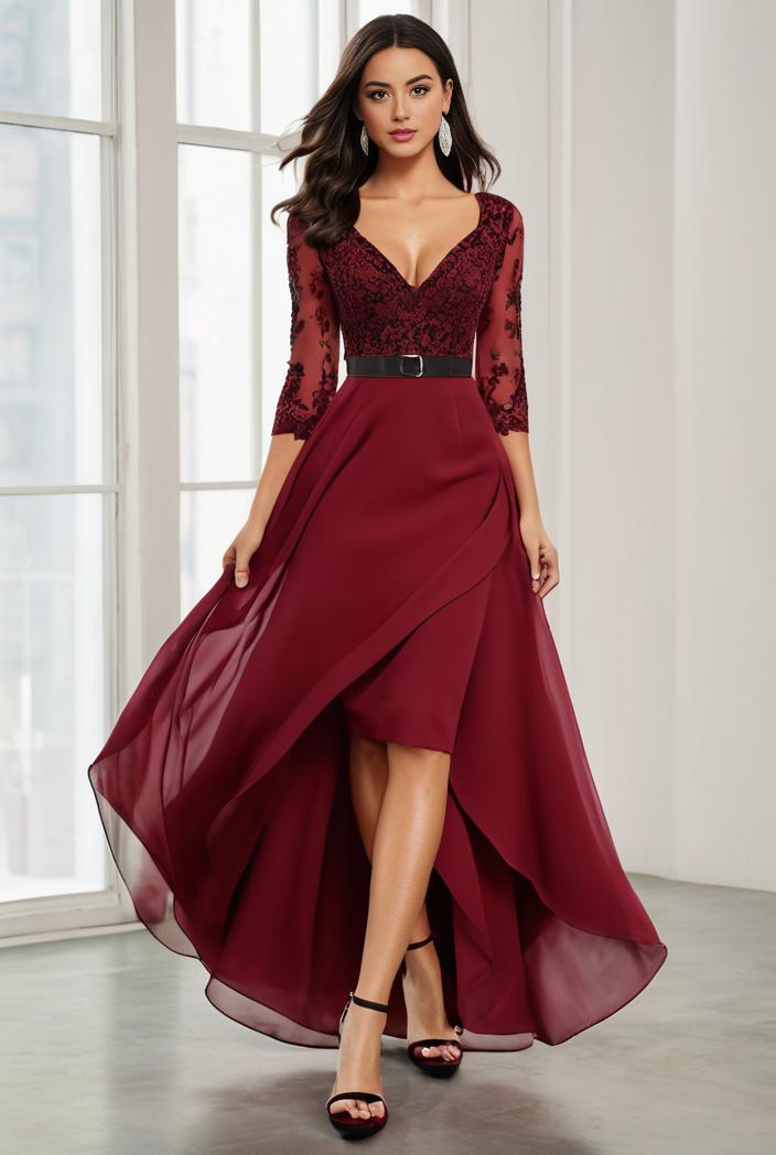 3 4 sleeve sheer sequin stripe high low hem evening dress 139380