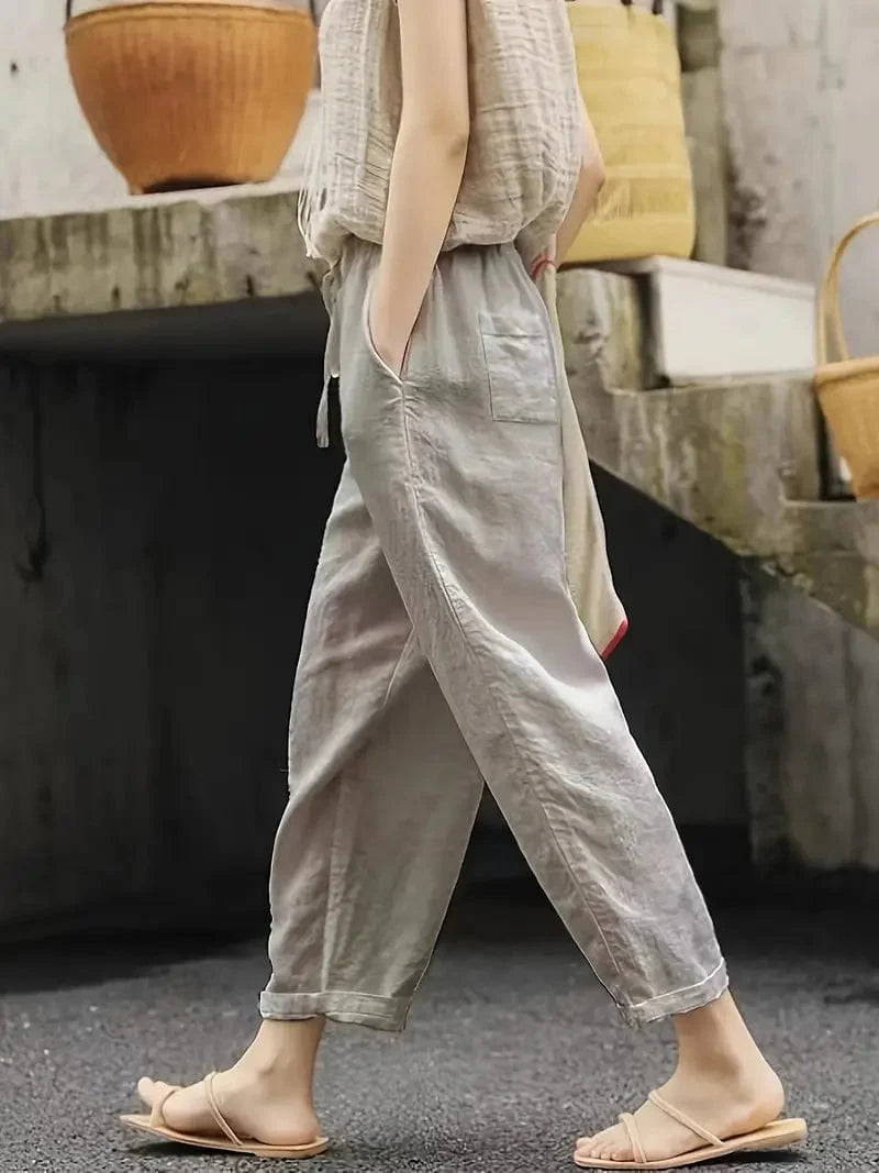 Versatile Solid Drawstring Pants with Pockets for Women