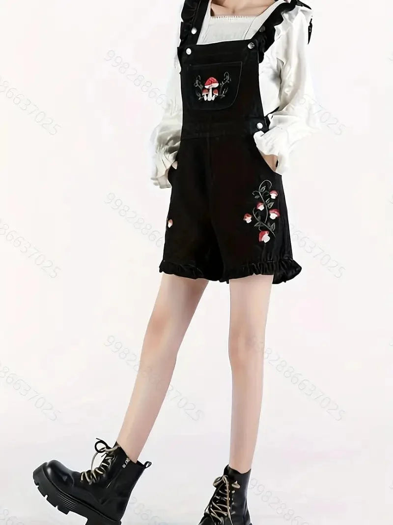 Mushroom Embellished Denim Shortall with Lettuce Trim and Slant Pockets, Niche Denim Jumpsuit, Women's Denim Apparel