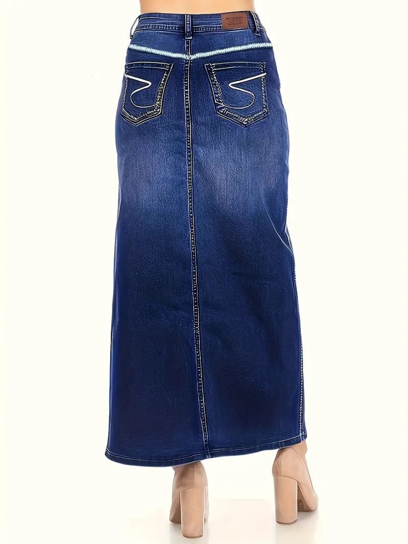 High Waist Blue Denim Midi Skirt with Slant Pockets for Women