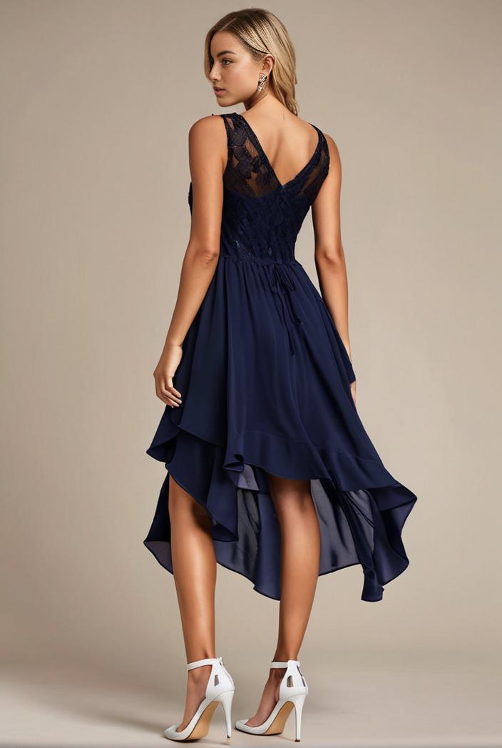 deep v neck lace chiffon bridesmaid dress with asymmetrical hem 143281