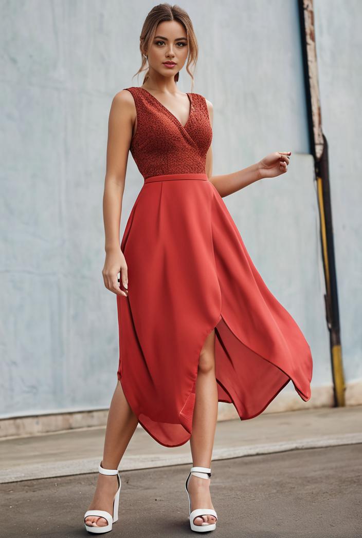 deep v neck lace chiffon bridesmaid dress with asymmetrical hem 143310