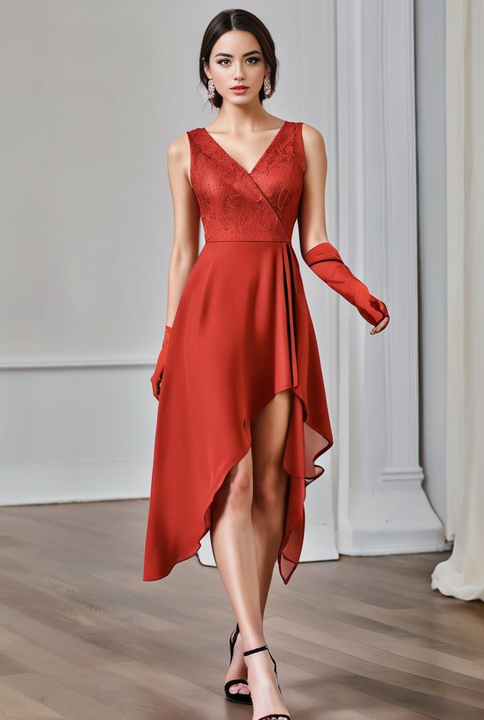 deep v neck lace chiffon bridesmaid dress with asymmetrical hem 143314
