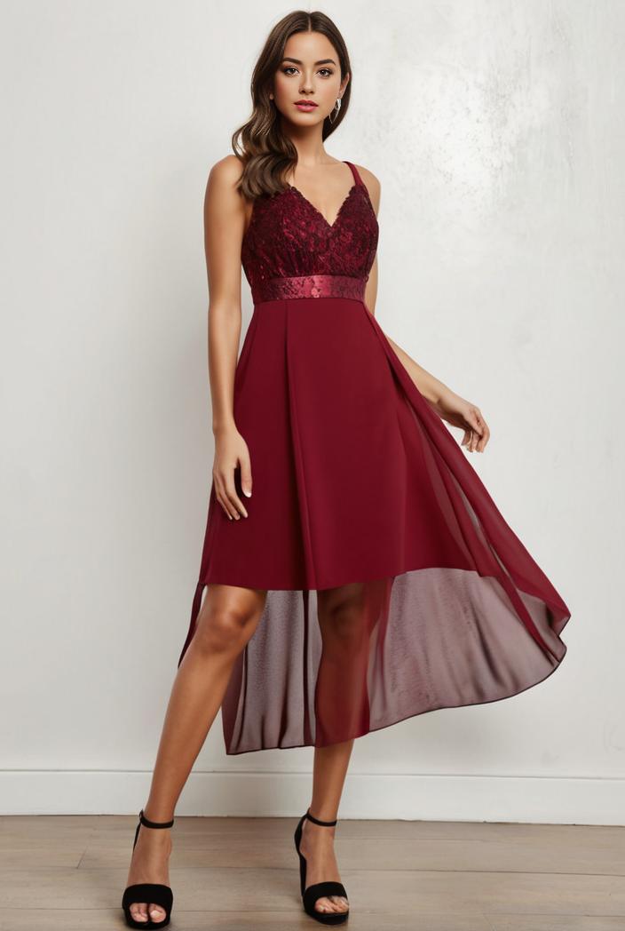 deep v neck lace chiffon bridesmaid dress with asymmetrical hem 143327