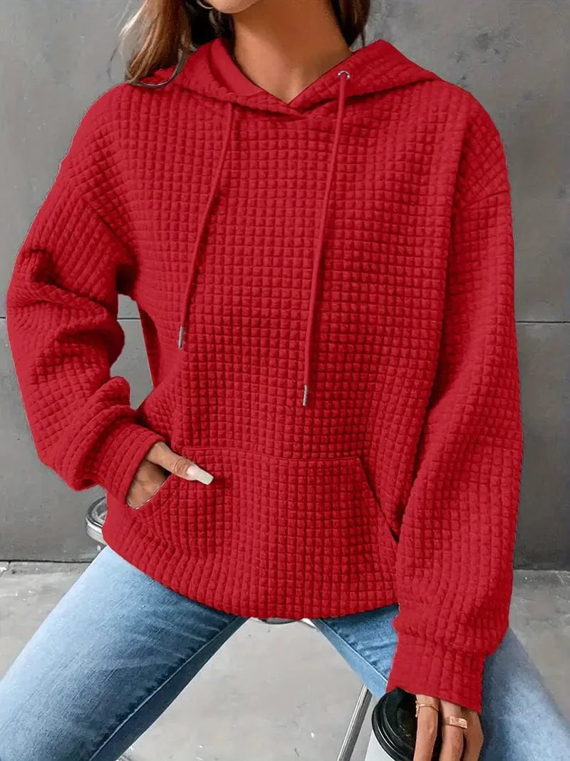 Waffle Grid Kangaroo Pocket Hoodie, Long Sleeve Drawstring Hoodies for Women