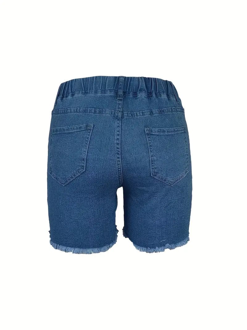 Stretchy Elastic Waist Denim Shorts with Ripped Distressed Details for Women