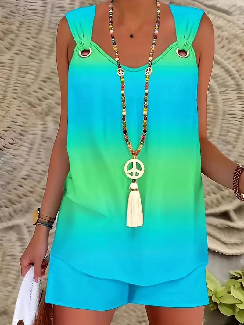 V Neck Sleeveless Top & Shorts Set for Women - Gradient Casual Outfit