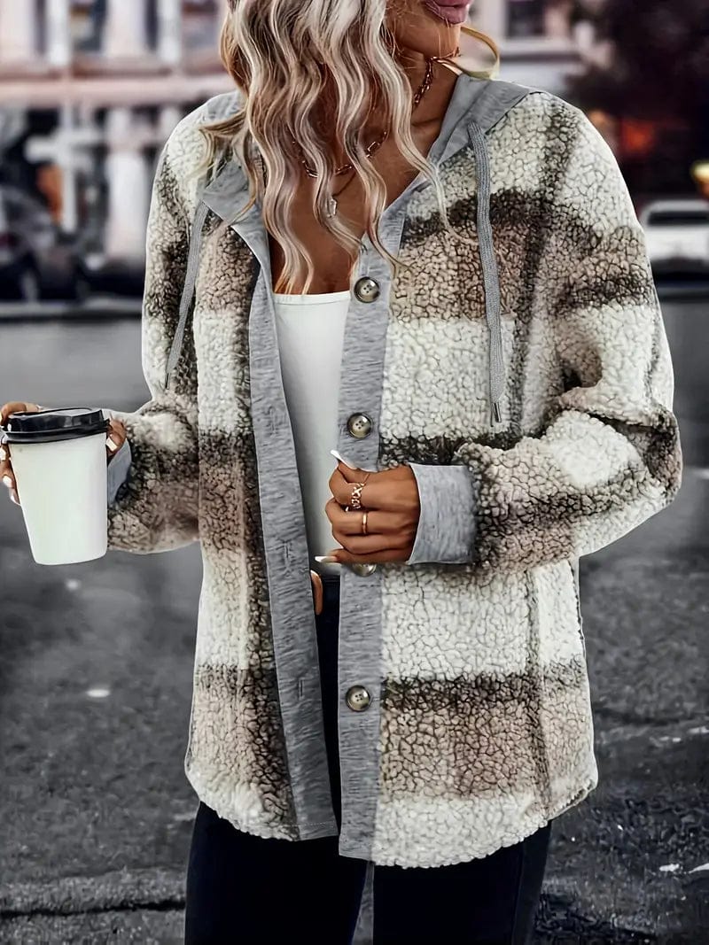 Plaid Pattern Hooded Coat with Drawstring Closure, Stylish Long Sleeve Outerwear for Women