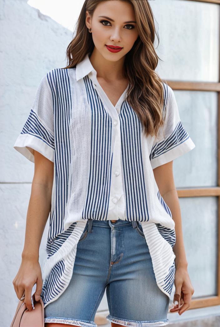 v neck thin loose plaid short sleeved blouse 112223