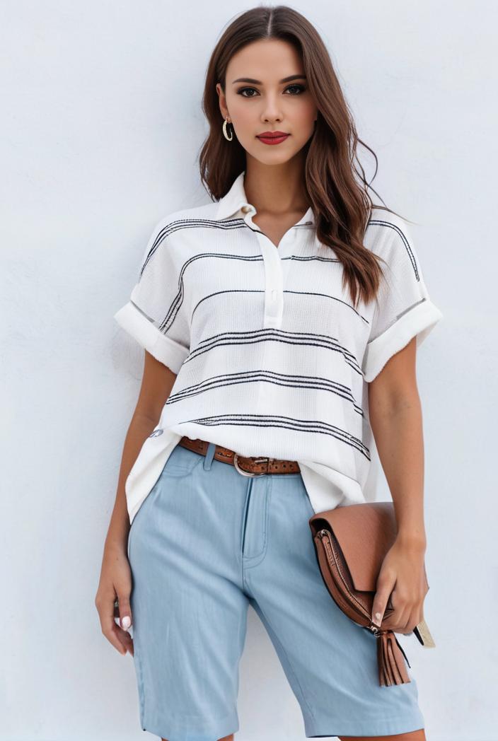 v neck thin loose plaid short sleeved blouse 112233