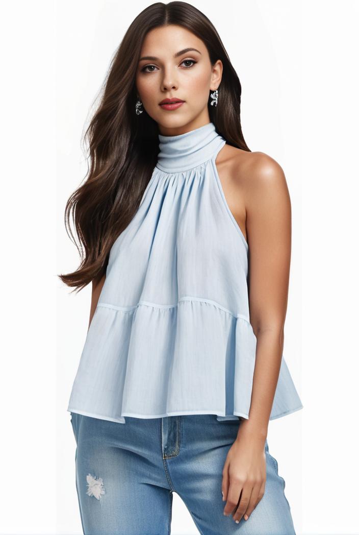 mock neck ruched ruffles sleeveless casual top 132207