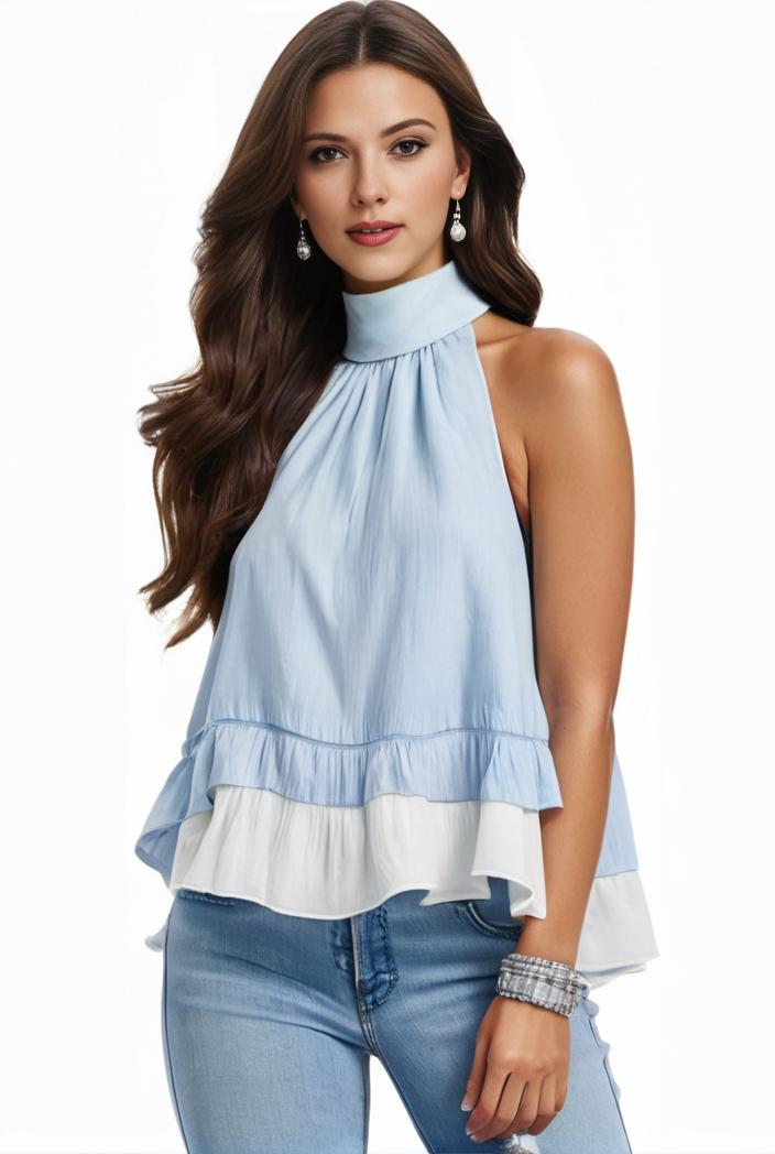 mock neck ruched ruffles sleeveless casual top 132209
