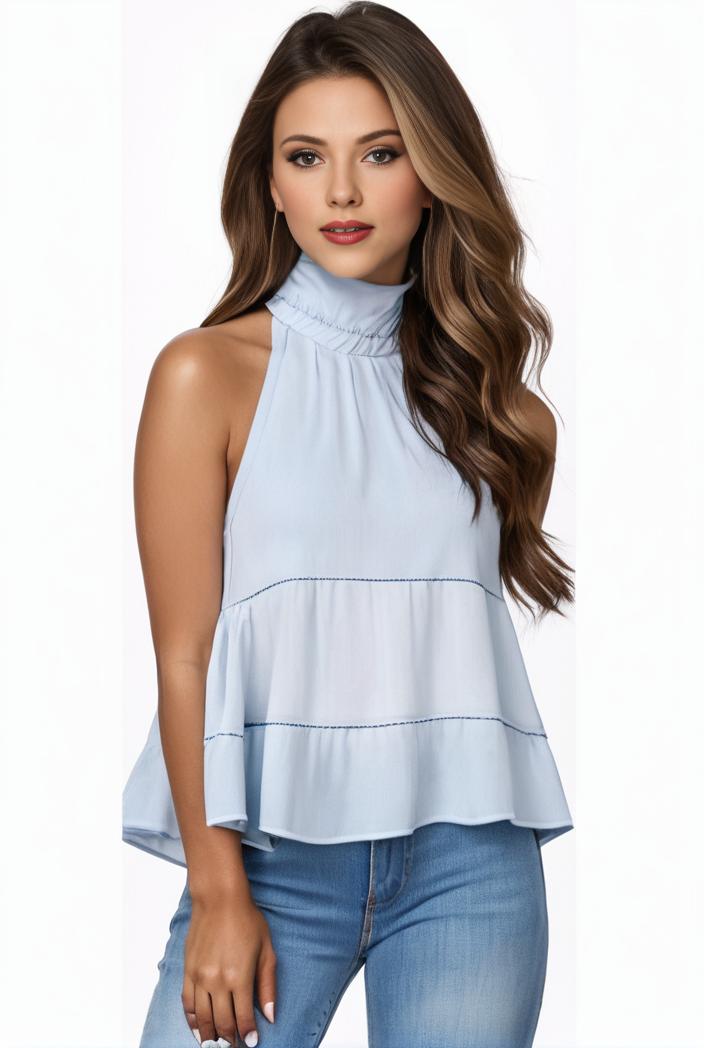 mock neck ruched ruffles sleeveless casual top 132213