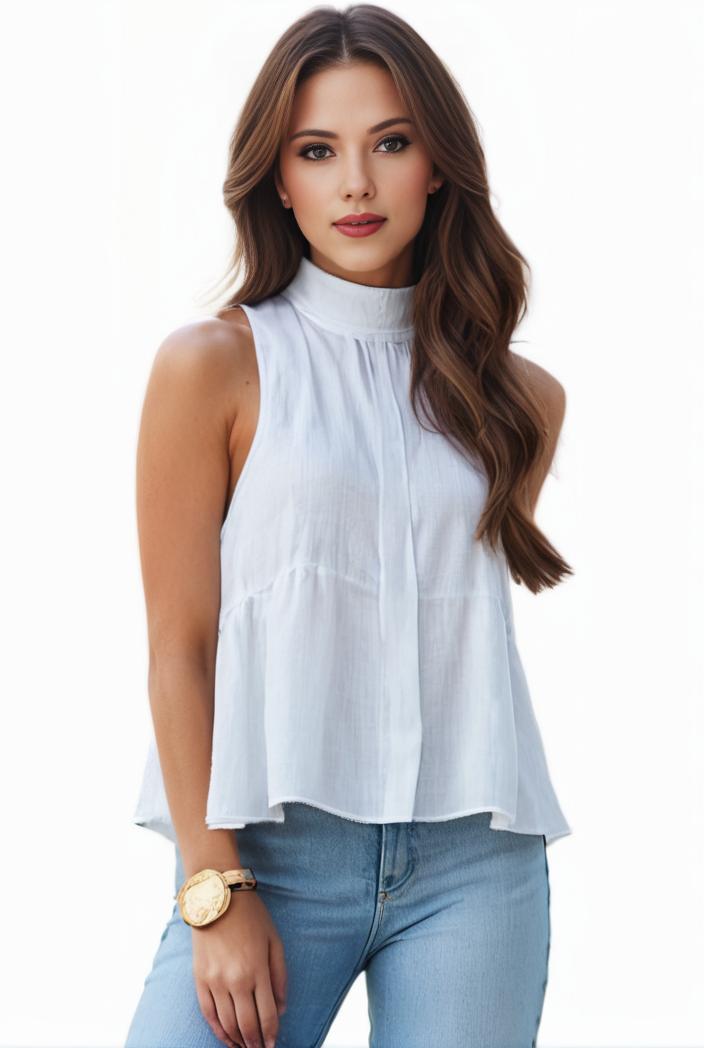 mock neck ruched ruffles sleeveless casual top 132215