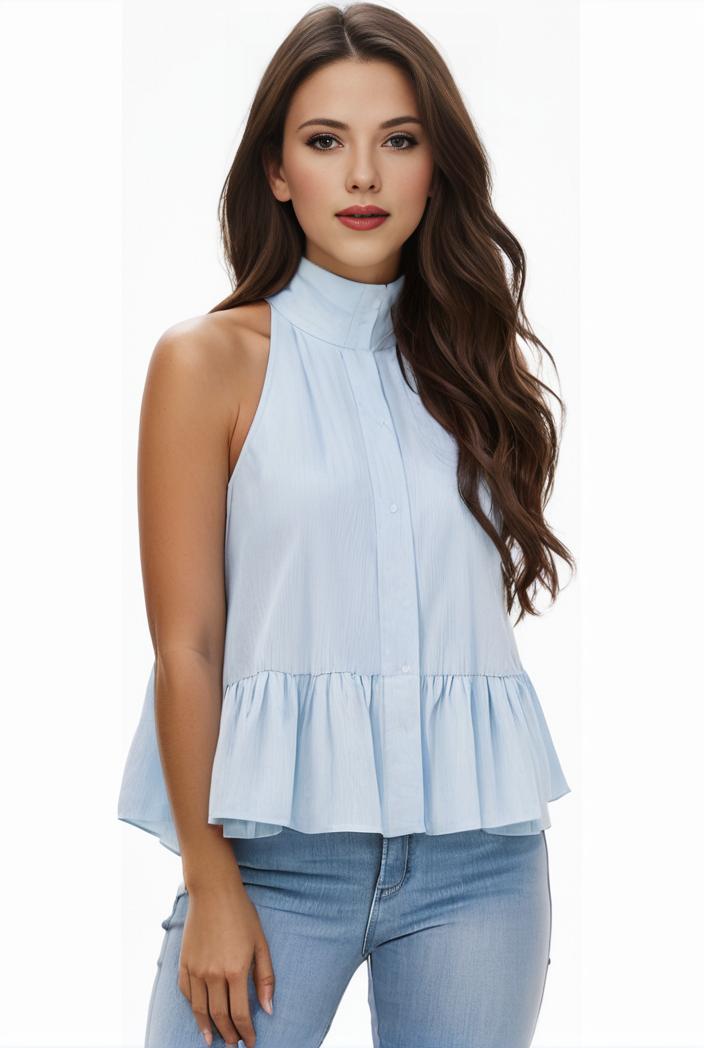 mock neck ruched ruffles sleeveless casual top 132217