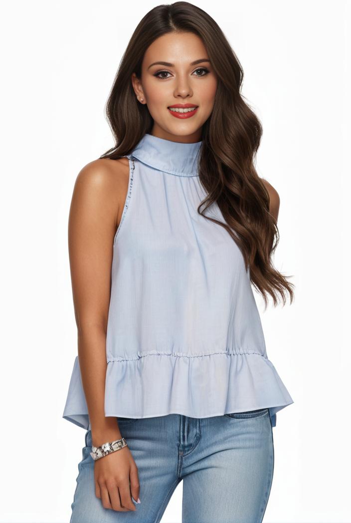 mock neck ruched ruffles sleeveless casual top 132218