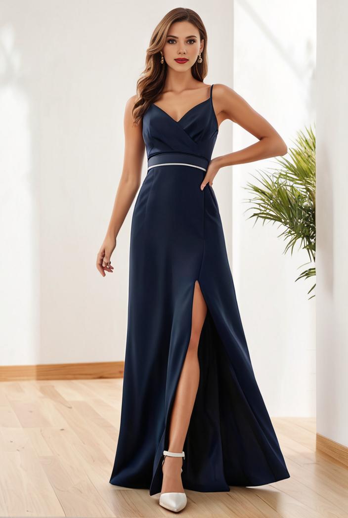 pleated v neck spaghetti strap high slit bridesmaid dress 134646
