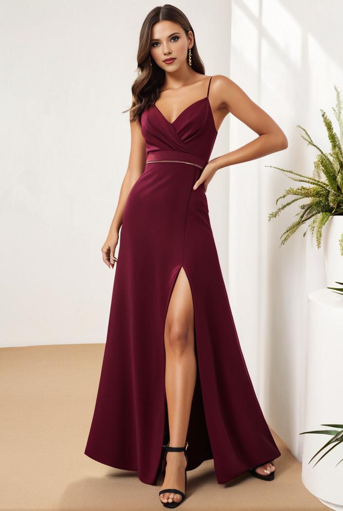pleated v neck spaghetti strap high slit bridesmaid dress 134655
