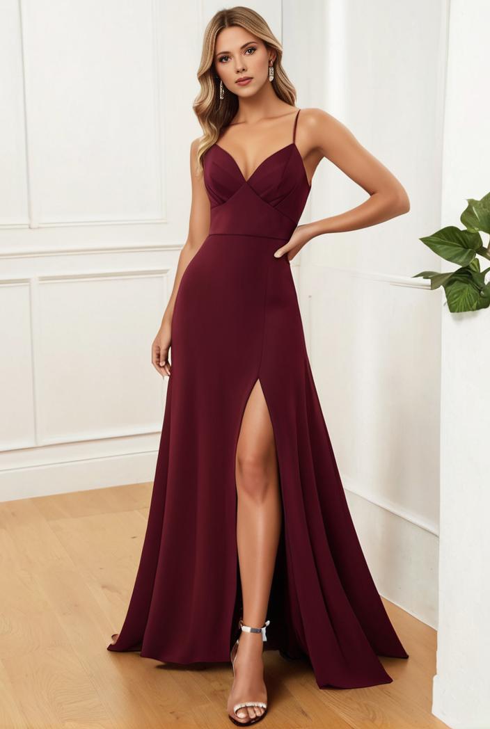 pleated v neck spaghetti strap high slit bridesmaid dress 134656